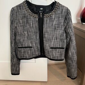 H&M Black and Gray Women's Cropped Jacket. Embellished collar